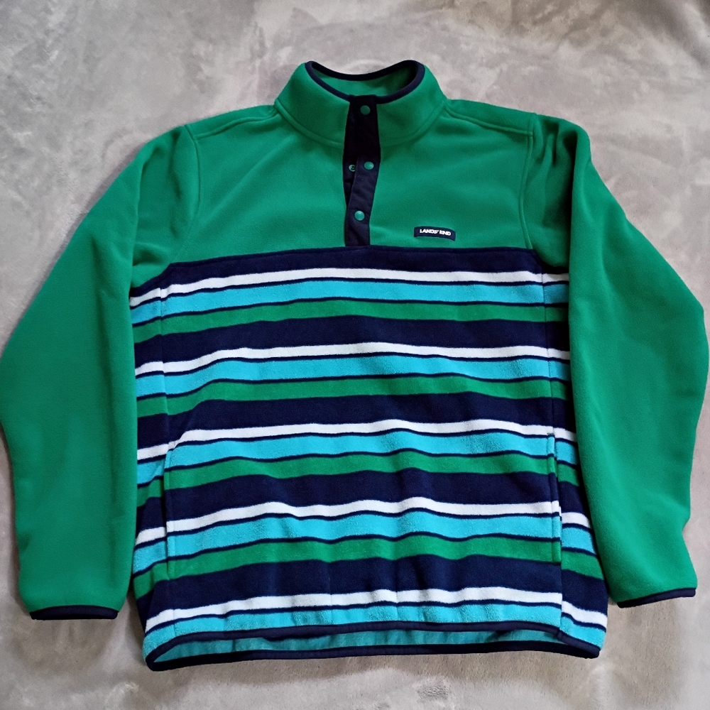 Men's Lands End Green Multi Stripe Snap T Fleece Pullover M